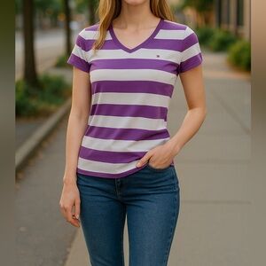 Tommy Hilfiger Women's Purple and White Striped Tee
